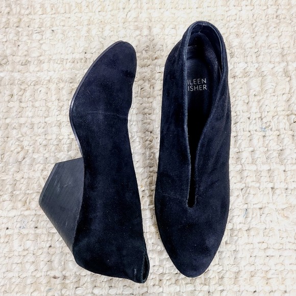 Eileen Fisher Nelson Ankle Bootie 7.5 Black Suede Slip-On Closed-Toe Block Heel - Picture 2 of 7